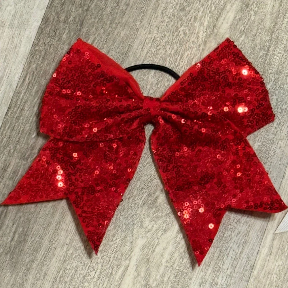 Cheerleading‎ Hair Bows Set Red Sequin & White Competition Dance Team Kids